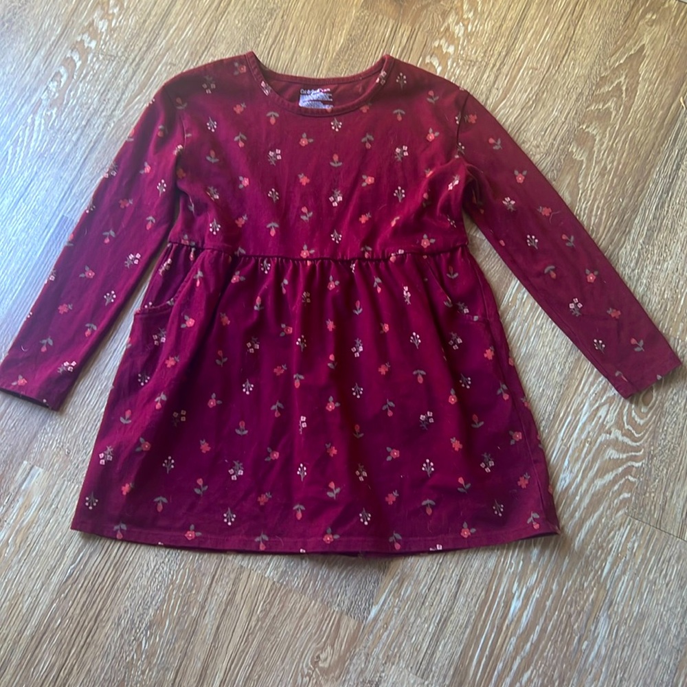 Cat & Jack, girls, burgundy floral, long sleeve dress with pockets small 6/7